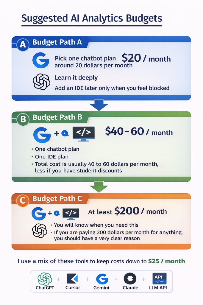 Suggested AI analytics budgets — three paths from $20/month to power user