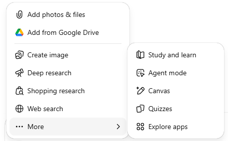 ChatGPT's built-in feature menu — Deep Research, Canvas, image creation, and more
